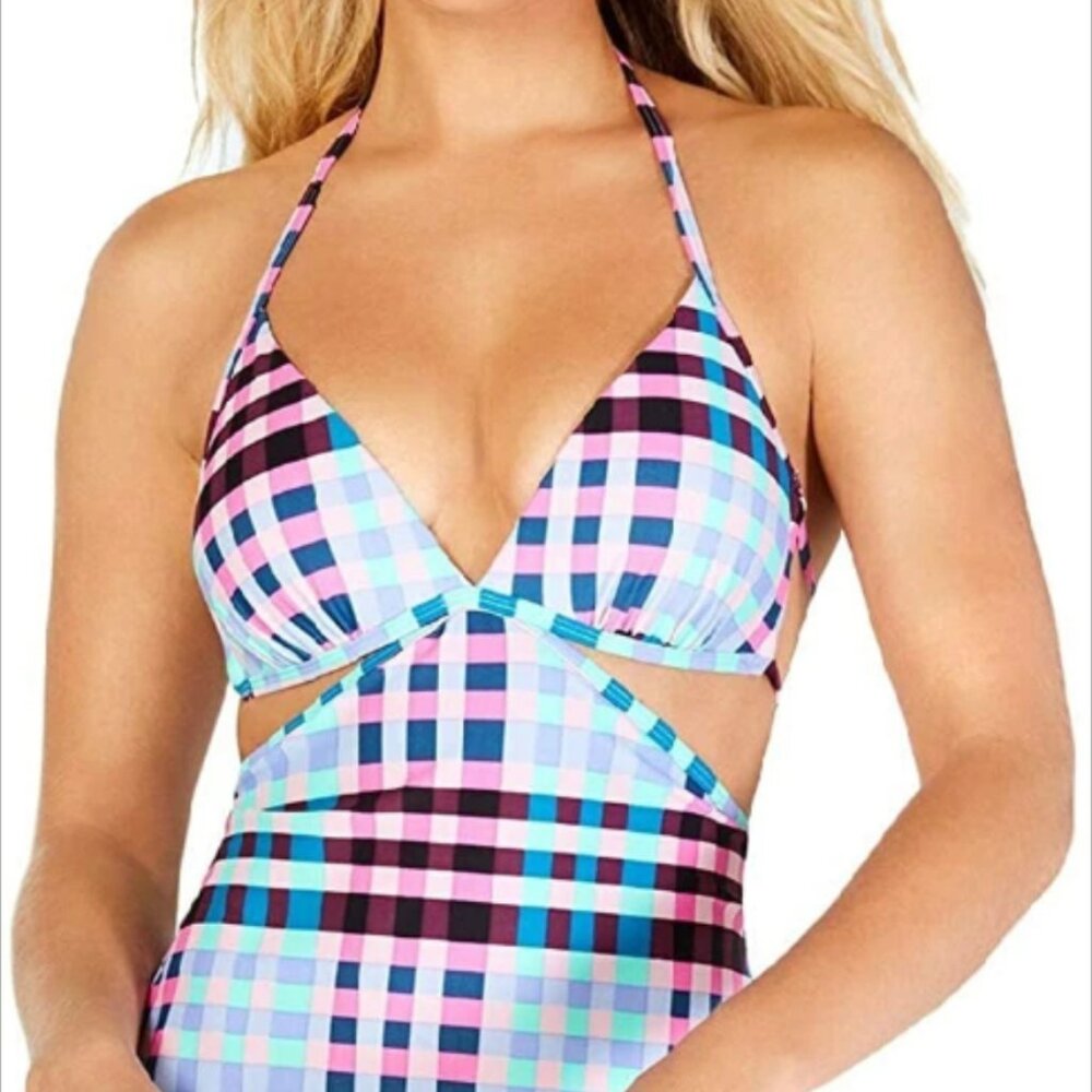 Hula Honey Plaid Tankini Halter Top Medium Preppy Swim Wear Bathing Suit - Picture 3 of 11